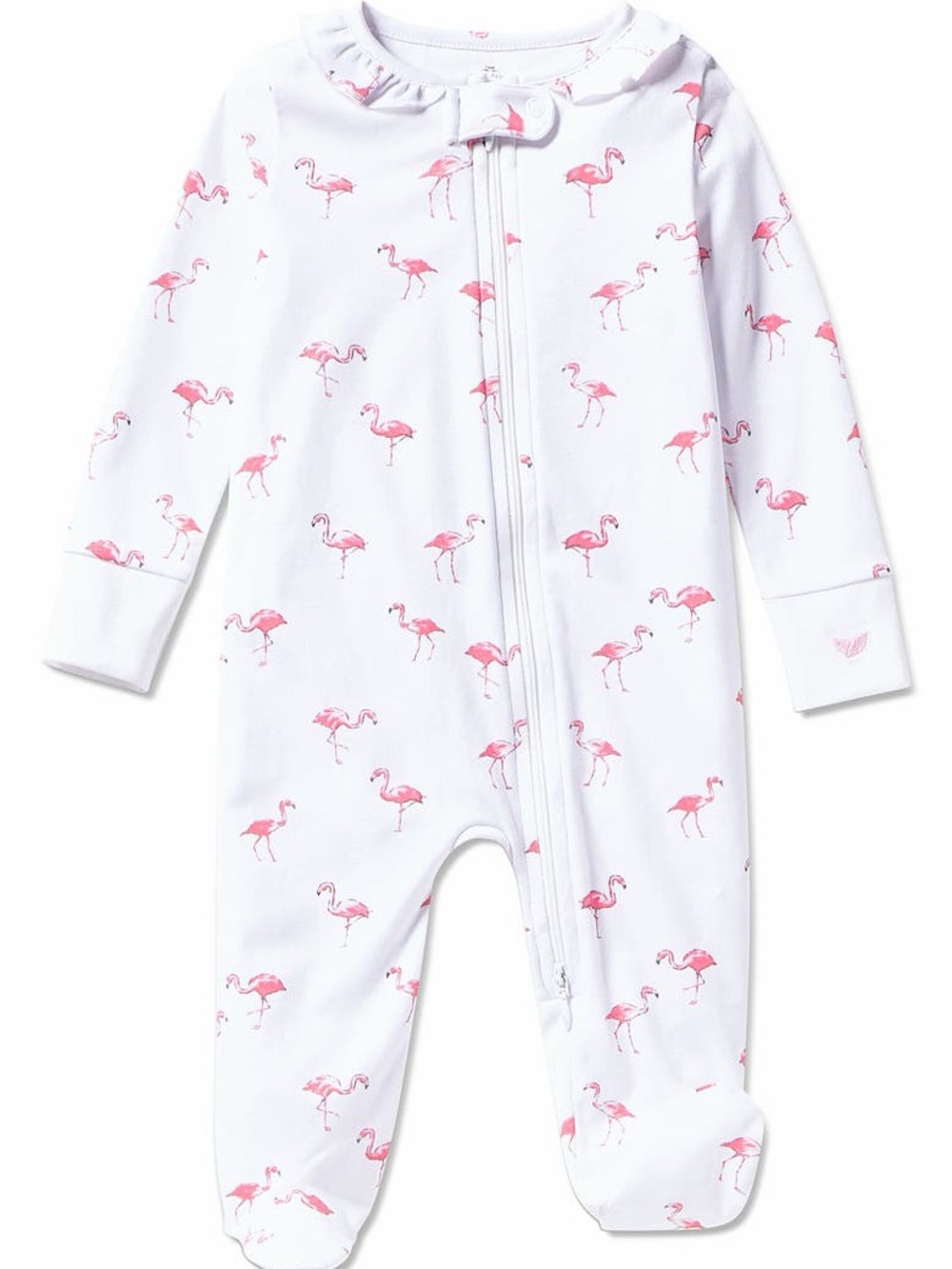 Petite Plume White and Pink Flamingo Zip-Front Pima Cotton Footie Romper
